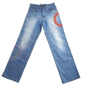 Mere Jeans Embroidered Patch Women's Small Blue Orange Blue Straight Leg Jeans